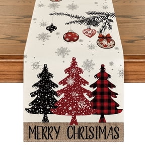 Smile Red Pine Trees Merry Christmas Table Runner, Winter Xmas Holiday Kitchen Dining Table Decoration for Home Party Decor 13x72 Inch