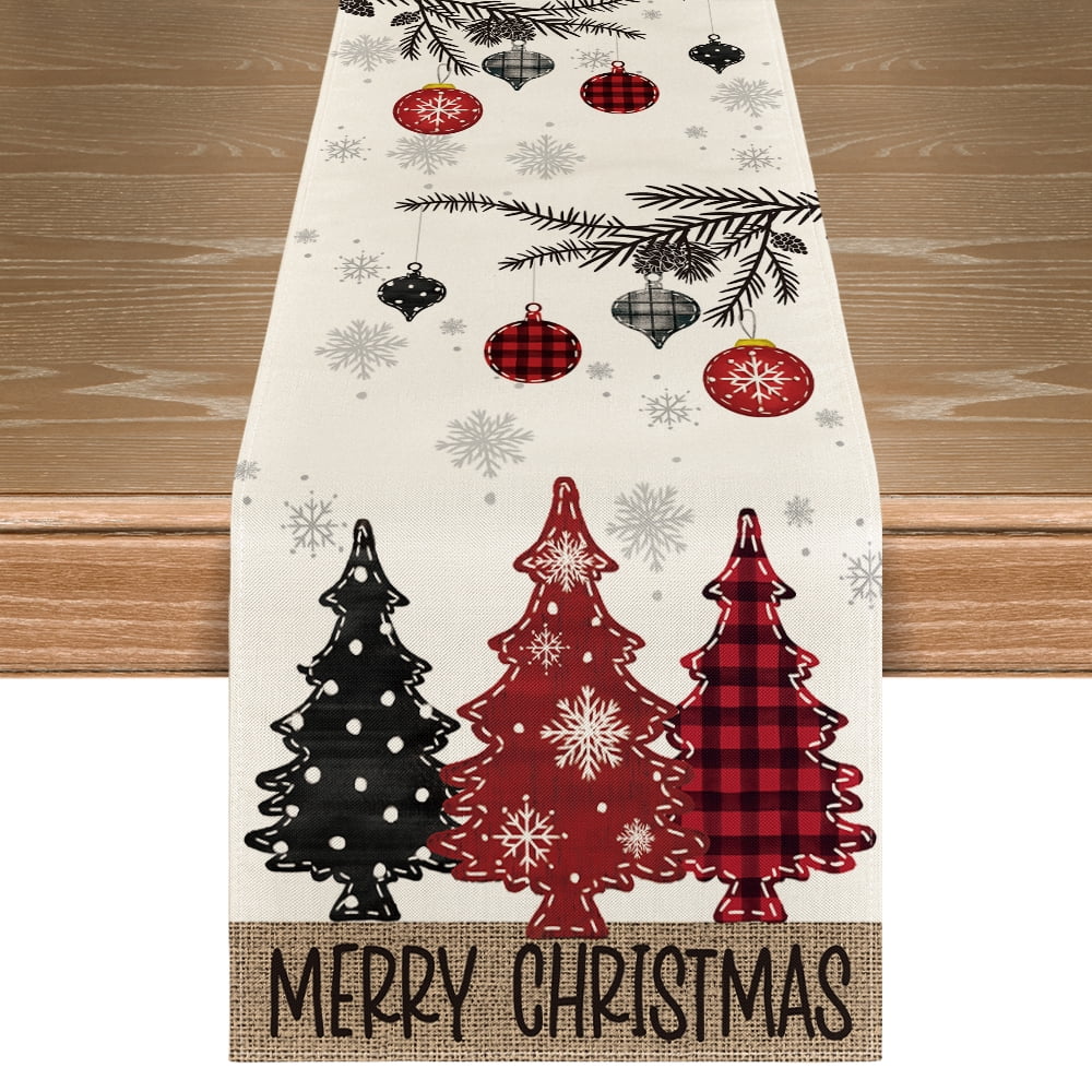 Smile Red Pine Trees Merry Christmas Table Runner, Winter Xmas Holiday