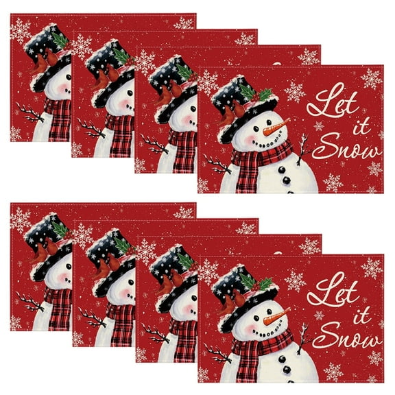 Smile Red Snowman Let It Snow Winter Placemats Set of 8, 12x18 Inch Seasonal Christmas Holiday Table Mats for Party Kitchen Dining Decoration