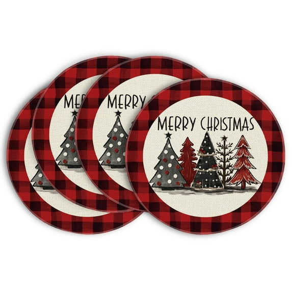 Smile Red and Black Buffalo Plaid Christmas Trees Placemats Set of 4 Round 15 Inch