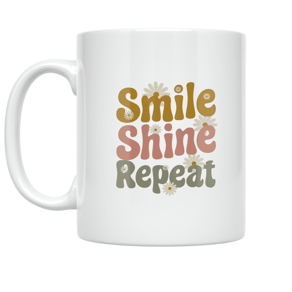 Smile Shine Repeat Wavy Typography - Positive Vibes Enthusiast - 11 oz Ceramic Coffee Mug