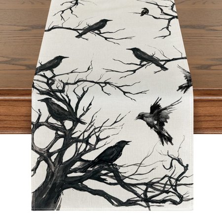 Smile Silhouette Tree Crows Halloween Table Runner 13 x 48 Inch