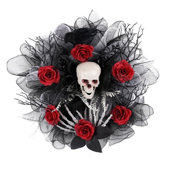 Smile Skull Halloween Wreath for Front Door Black Wreath with and Rose Ornament Garland Spooky Elegant Decoration for Door, Porch, Window, Indoor and Outdoor Decor