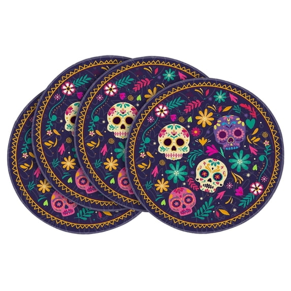 Smile Skulls Floral Day of The Dead Halloween Round Placemats Set of 4, 15 Inch Round Table Mats for Dining Decoration