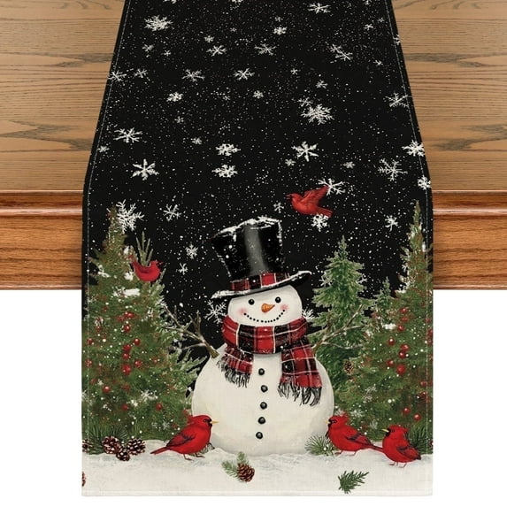 Smile Snowman Birds Trees Christmas Table Runner Black 13 x 72 Inch