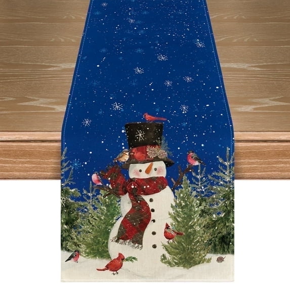 Smile Snowman Birds Trees Christmas Table Runner Blue 13 x 72 Inch