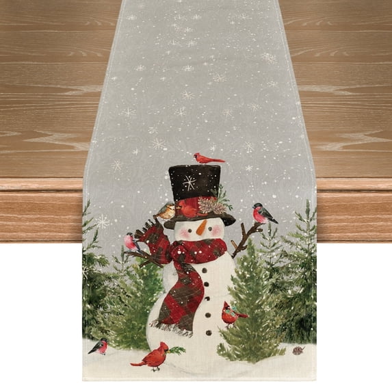Smile Snowman Birds Trees Christmas Table Runner Grey 13 x 72 Inch