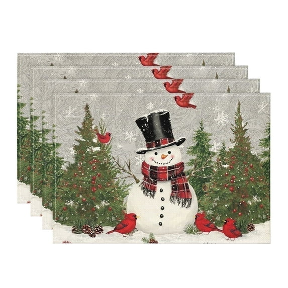 Smile Snowman Cardinals Trees Christmas Placemats for Dining Table Grey, 12 x 18 Inch Seasonal Winter Birds Xmas Holiday Rustic Vintage Thanksgiving Washable Table Mats Set of 4
