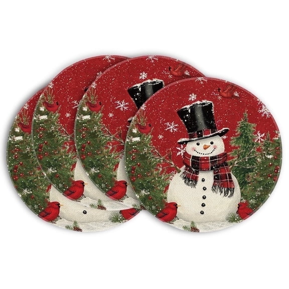 Smile Snowman Cardinals Trees Christmas Placemats Round, 15 Inch Seasonal Winter Birds Xmas Holiday Rustic Vintage Thanksgiving Washable Table Mats Set of 4