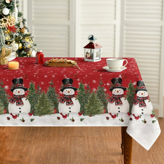 Sm:)e Snowman Cardinals Trees Snowflakes Winter Christmas Tablecloth 60 x 60 Inch Square, Red Xmas Table Decoration