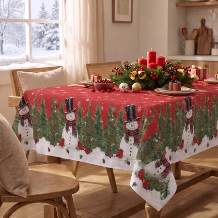 Sm:)e Christmas Tablecloth 60 x 84 Inch Rectangular, Snowman Cardinals Red Xmas Winter Table Decoration