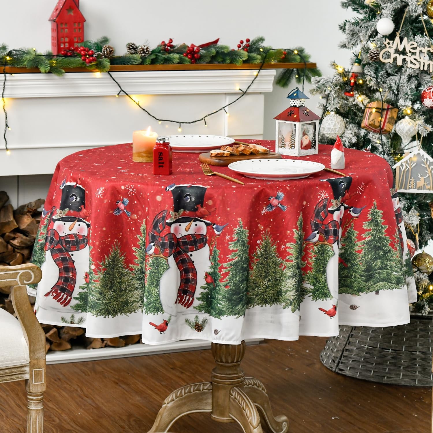Smile Snowman Cardinals Trees Snowflakes Winter Christmas Tablecloth Round 60 Inch, Red Xmas Table Decoration