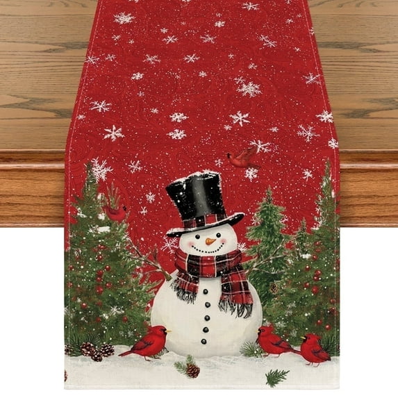 Smile Snowman Christmas Table Runner 13 x 72 Inch, Red, Seasonal Winter Xmas Holiday Kitchen Dining Table Decoration for Indoor Outdoor Home Party Decor