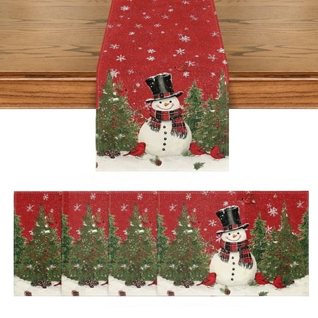 Smile Snowman Christmas Table Runner and Placemats, 13 x 72 Inch, 12 x 18 Inch, Red
