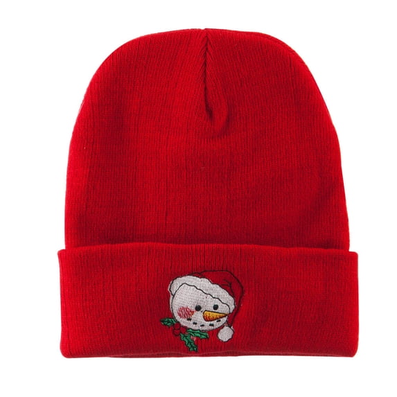 Smile Snowman Embroidered Beanie - Red OSFM
