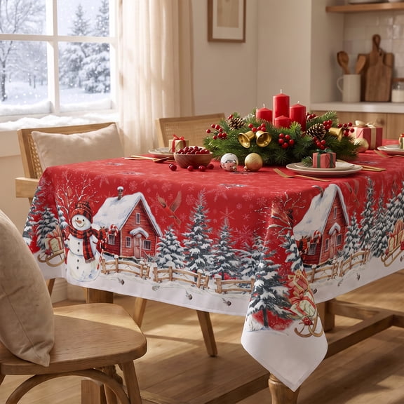 Sm:)e Snowman House Trees Christmas Tablecloth 60 x 84 Inch Rectangle, Winter Table Cover for Party Picnic Dinner Decor