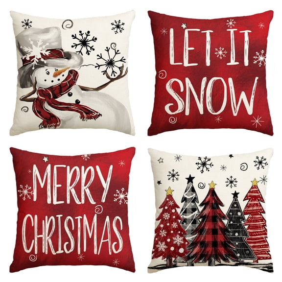 Sm:)e Snowman Let It Snow Christmas Winter Pillow Covers 20 x 20 Inch Set of 4 Red