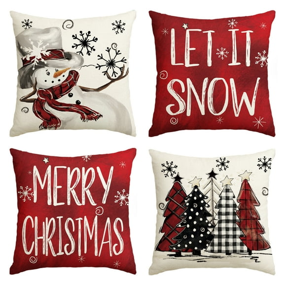 Sm:)e Snowman Let It Snow Winter Christmas Pillow Covers 18 x 18 Inch, Set of 4, Xmas Holiday Decorative Outdoor Pillow Case Red Cushion Sofa Couch