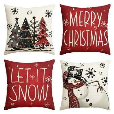Sm:)e Snowman Let It Snow Winter Christmas Pillow Covers 18 x 18 Inch, Set of 4, Xmas Holiday Decorative Outdoor Pillow Case Red Cushion Sofa Couch