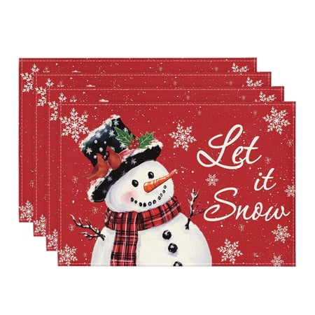 Smile Snowman Let It Snow Winter Christmas Red Placemats Set of 4, 12 x 18 Inch