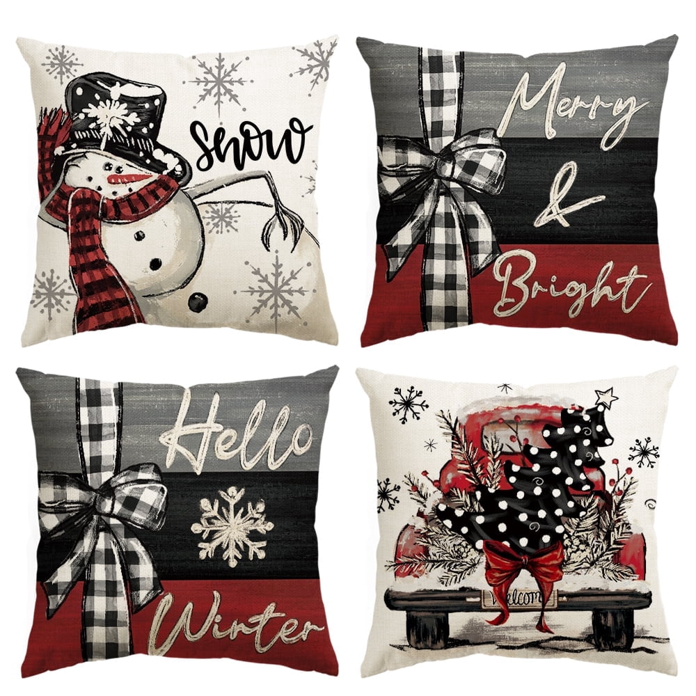 Sm:)e Snowman Merry Bright Hello Winter Trucks Christmas Pillow Cover Set of 4, 18x18 Inch
