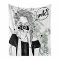 thumbnail image 1 of Smile Soft Flannel Fleece Blanket, Sketchy Pattern of a Girl Taking a Photo with Speech Bubble Calligraphy, Cozy Plush for Indoor and Outdoor Use, 50" x 70", Charcoal Grey and White, by Ambesonne, 1 of 5