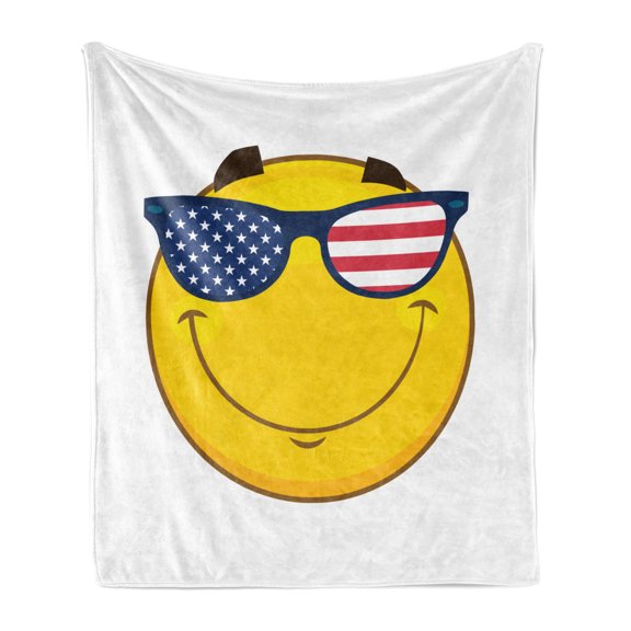 Smile Soft Flannel Fleece Throw Blanket, Cheerful Face Character with USA Flag Sunglasses, Cozy Plush for Indoor and Outdoor Use, 50" x 70", Yellow Multicolor, by Ambesonne
