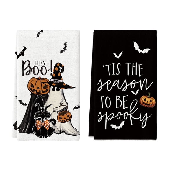 Sm:)e Spooky Pumpkin Ghost Boo Bat Halloween Kitchen Dish Towels 2 Set 18 x 26 inch