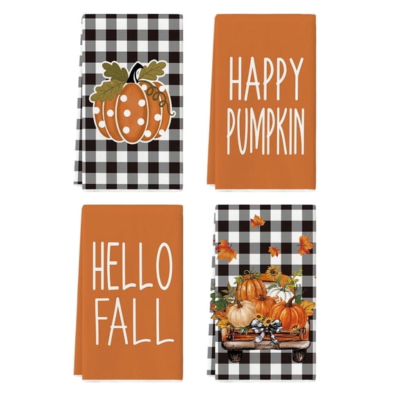 Sm:)e Striped Hello Pumpkin Maple Leaf Happy Fall Kitchen Dish Towels 4 Set 18 x 26 Inch