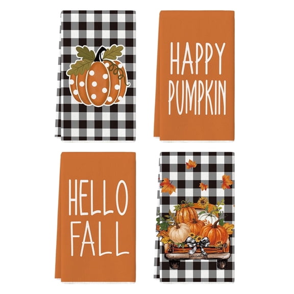 Sm:)e Striped Hello Pumpkin Maple Leaf Happy Fall Kitchen Dish Towels 4 Set 18 x 26 Inch