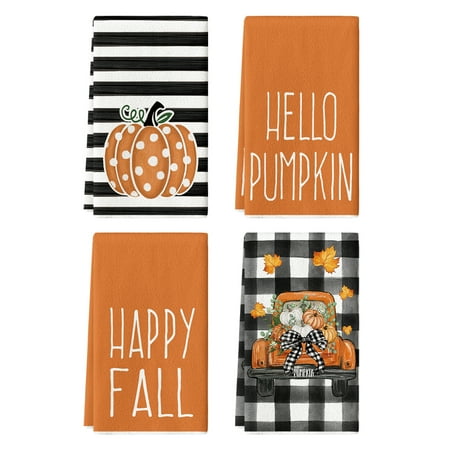 Sm:)e Striped Hello Pumpkin Maple Leaf Happy Fall Kitchen Dish Towels 4 Set 18 x 26 Inch