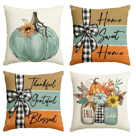 Sm:)e Thankful Grateful Blessed Fall Thanksgiving Throw Pillow Covers Set of 4, 18 x 18 Inch Blue Pumpkin Floral Harvest Autumn Home Decorations for Sofa Couch
