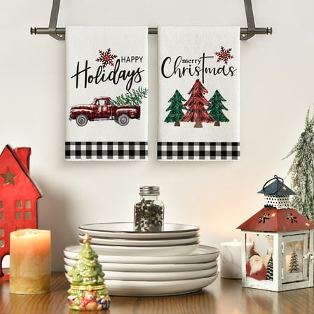 Sm:)e Truck Christmas Trees Holiday Kitchen Dish Towels 18 x 26 Inch Set of 2