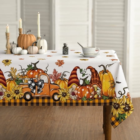 Sm:)e Truck Gnome Pumpkins Buffalo Plaid Fall Thanksgiving Tablecloth 60x104 Inch