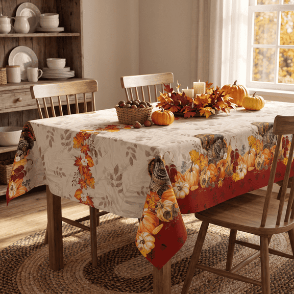 Sm:)e Trukey Pumpkin Thanksgiving Tablecloth 60x84 Inch, Wrinkle-Resistant & Machine Washable Table Cover for Dining Decor, Rectangle