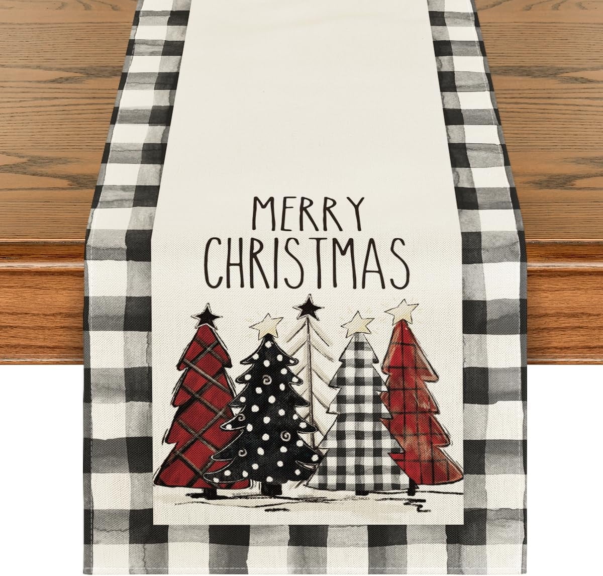 Smile Waterclor Buffalo Plaid Christmas Trees Merry Xmas Table Runner, Seasonal Winter Holiday Kitchen Dining Table Decoration for Indoor Outdoor Home Party Decor 13 x 90 Inch