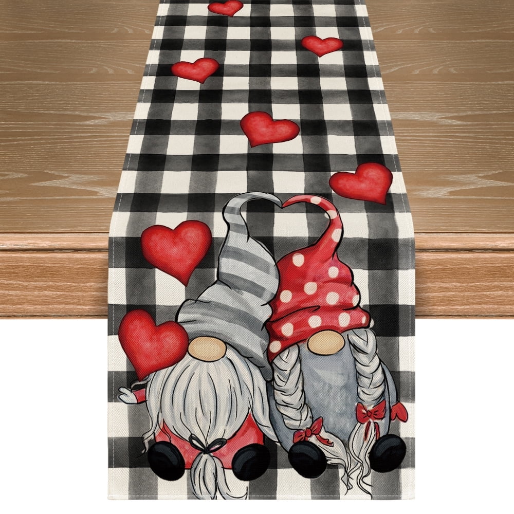 Sm:)e Watercolor Buffalo Plaid Love Heart Gnomes Valentine Table Runner 13 x 72 Inch