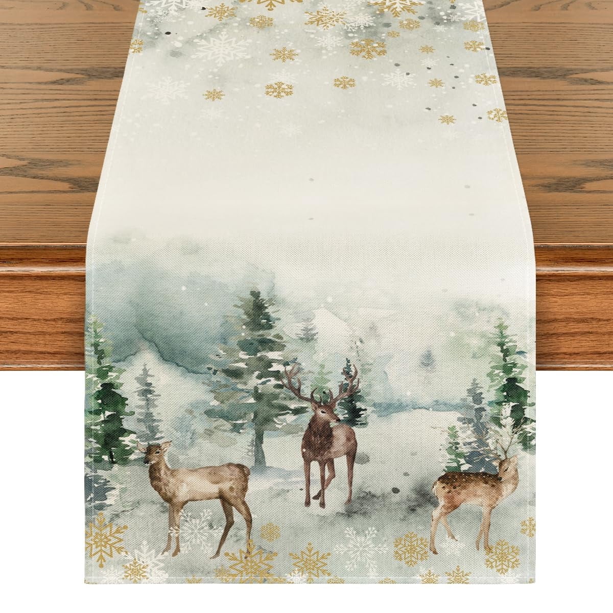 Smile Watercolor Deer Trees Snowflakes Christmas Table Runner, Seasonal Winter Xmas Holiday Kitchen Dining Table Decoration for Indoor Outdoor Home Party Decor 13 x 90 Inch