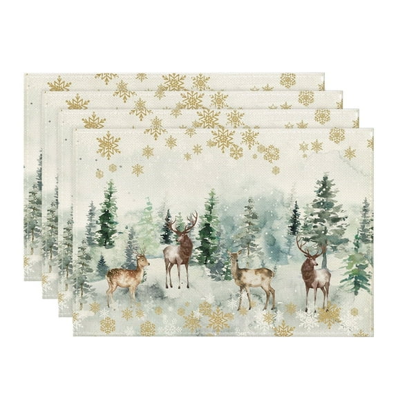 Smile Watercolor Deer Trees Snowflakes Winter Christmas Placemats Set of 4， 12 x 18 Inch