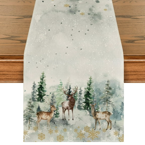 Smile Watercolor Deer Trees Snowflakes Winter Table Runner 13 x 72 Inch