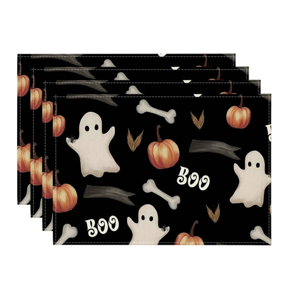 Smile Watercolor Ghost Pumpkin Bone Boo 12x18 Inch Halloween Placemats Set of 4