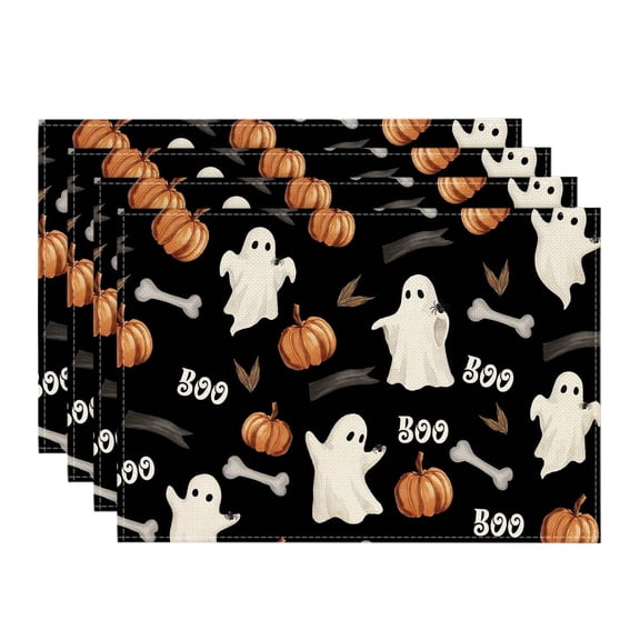 Smile Watercolor Ghost Pumpkin Bone Boo 12x18 Inch Halloween Placemats Set of 4