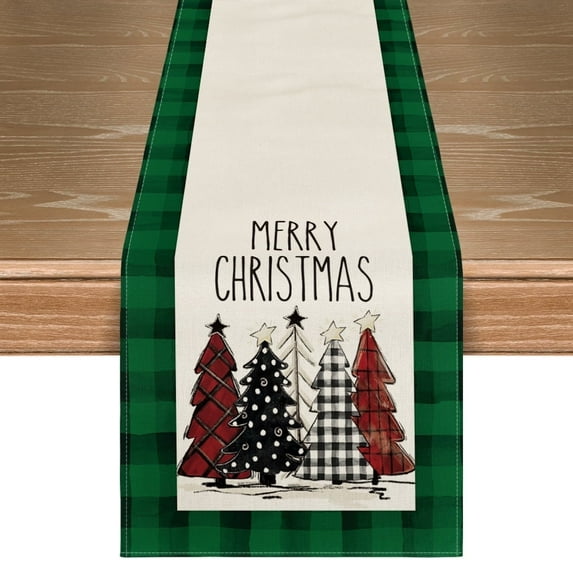 Smile Watercolor Green and Black Buffalo Plaid Christmas Trees Merry Xmas Table Runner 13 x 72 Inch
