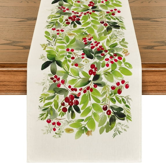 Smile Watercolor Holly Christmas Table Runner 13 x 108 Inch