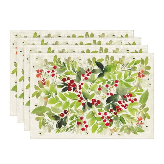Smile Watercolor Holly Winter Christmas Placemats Set of 4, 12 x 18 Inch