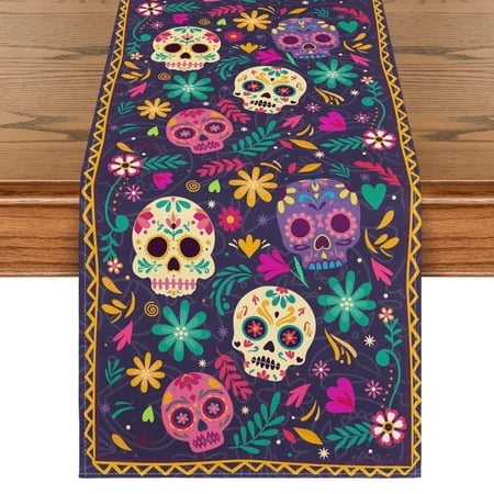 Smile Watercolor Marigolds Skull Day of The Dead Table Runner 13 x 36 Inch