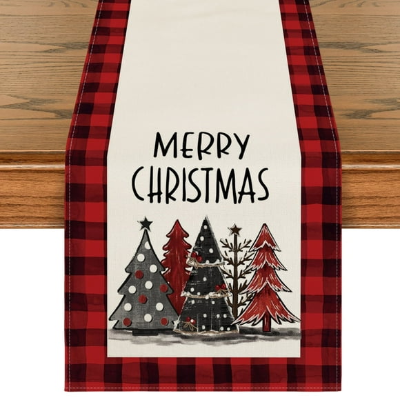 Smile Watercolor Red and Black Buffalo Plaid Christmas Trees Merry Xmas Table Runner 13 x 108 Inch