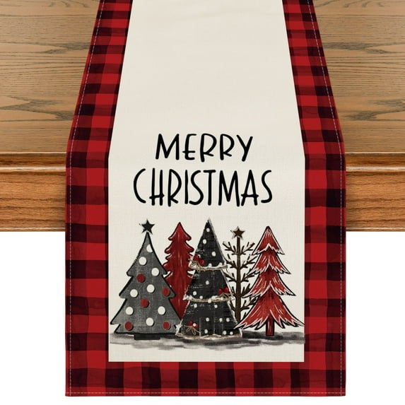 Smile Watercolor Red and Black Buffalo Plaid Christmas Trees Merry Xmas Table Runner 13 x 36 Inch