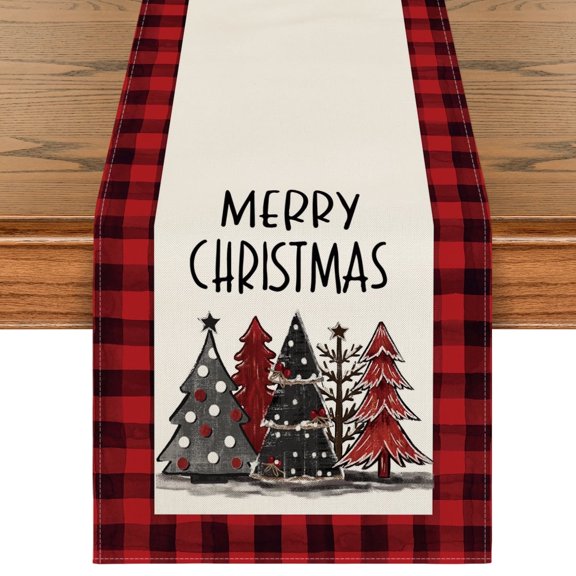 Smile Watercolor Red and Black Buffalo Plaid Christmas Trees Merry Xmas Table Runner 13 x 72 Inch