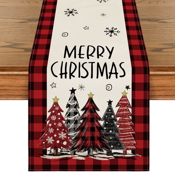 Smile Watercolor Red and Black Buffalo Plaid Christmas Trees Merry Xmas Table Runner 13 x 72 Inch
